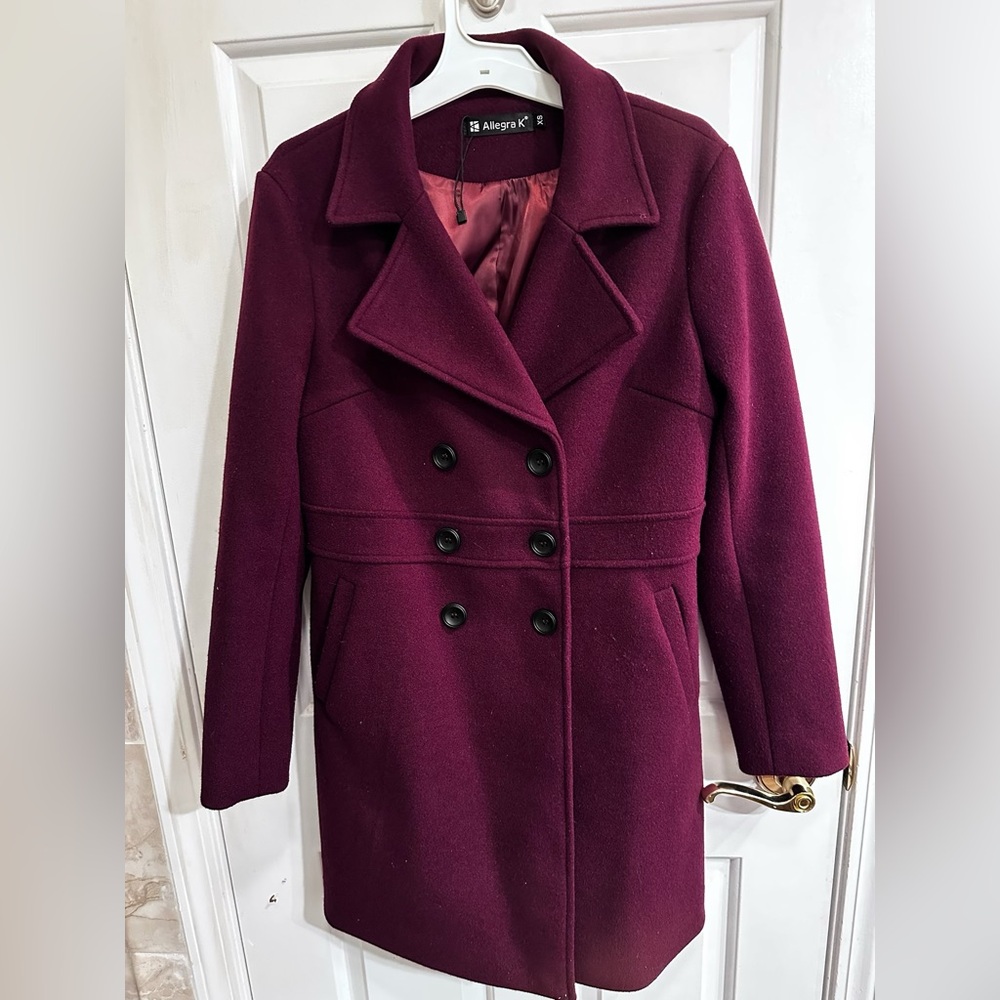 Allegra K burgundy purple double breasted wool blend Peacoat above the knee NWOT
